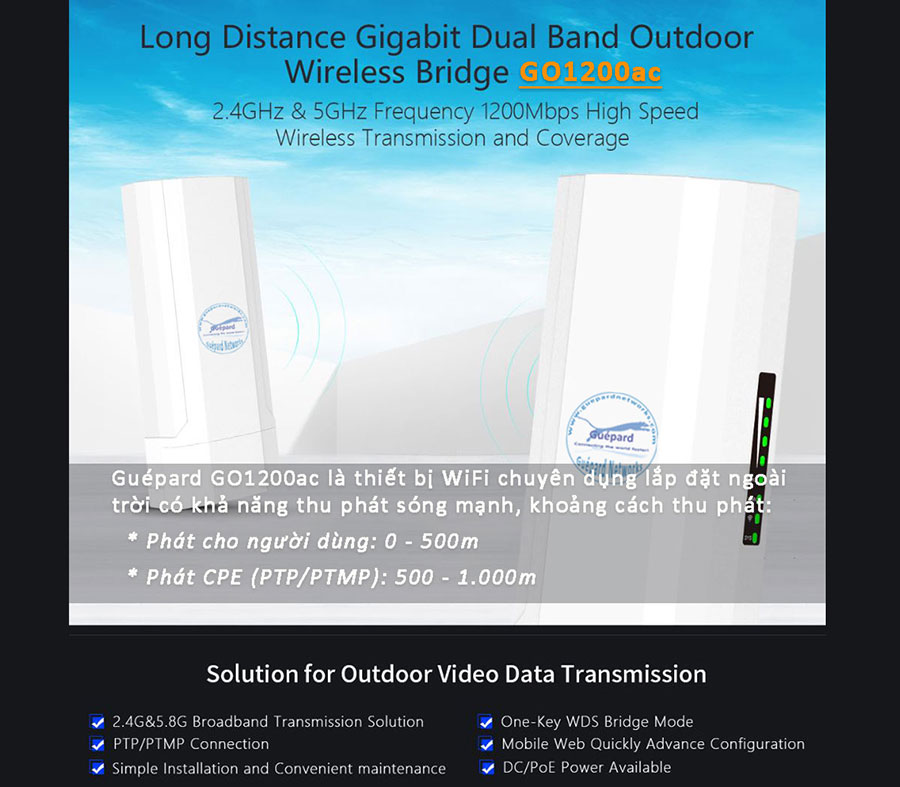 Guépard GO1200ac - WiFi outdoor - High speed access point - WiFi chuyên dụng - CPE - PTP - PTMP