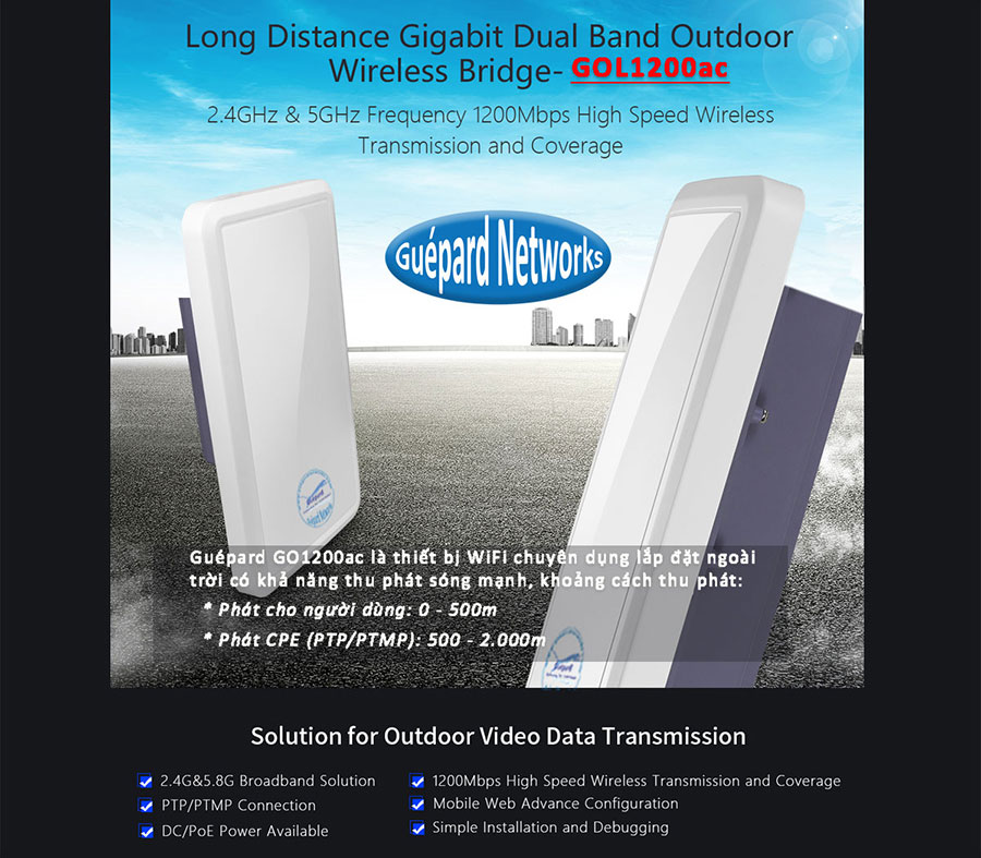 Guépard GOL1200ac - WiFi outdoor - High speed access point - WiFi chuyên dụng - CPE - PTP - PTMP