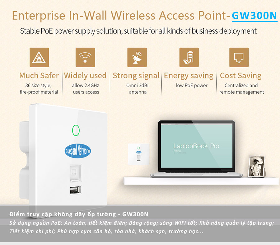 Guépard GW300N - WiFi indoor - In Wall - High speed access point - WiFi chuyên dụng